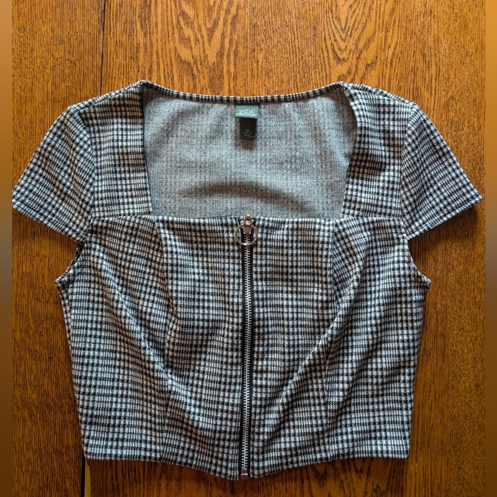 Black and white plaid corset zip up crop top